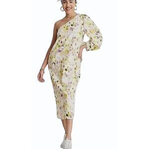 Future Collective Women's Yellow Asymmetrical Midi Dress Ruched Sleeve  Size L